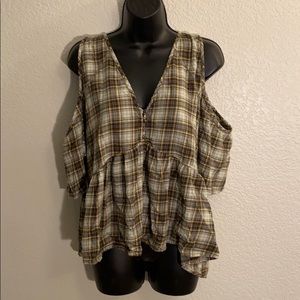 Melrose and Market Plaid Open Shoulder shirt